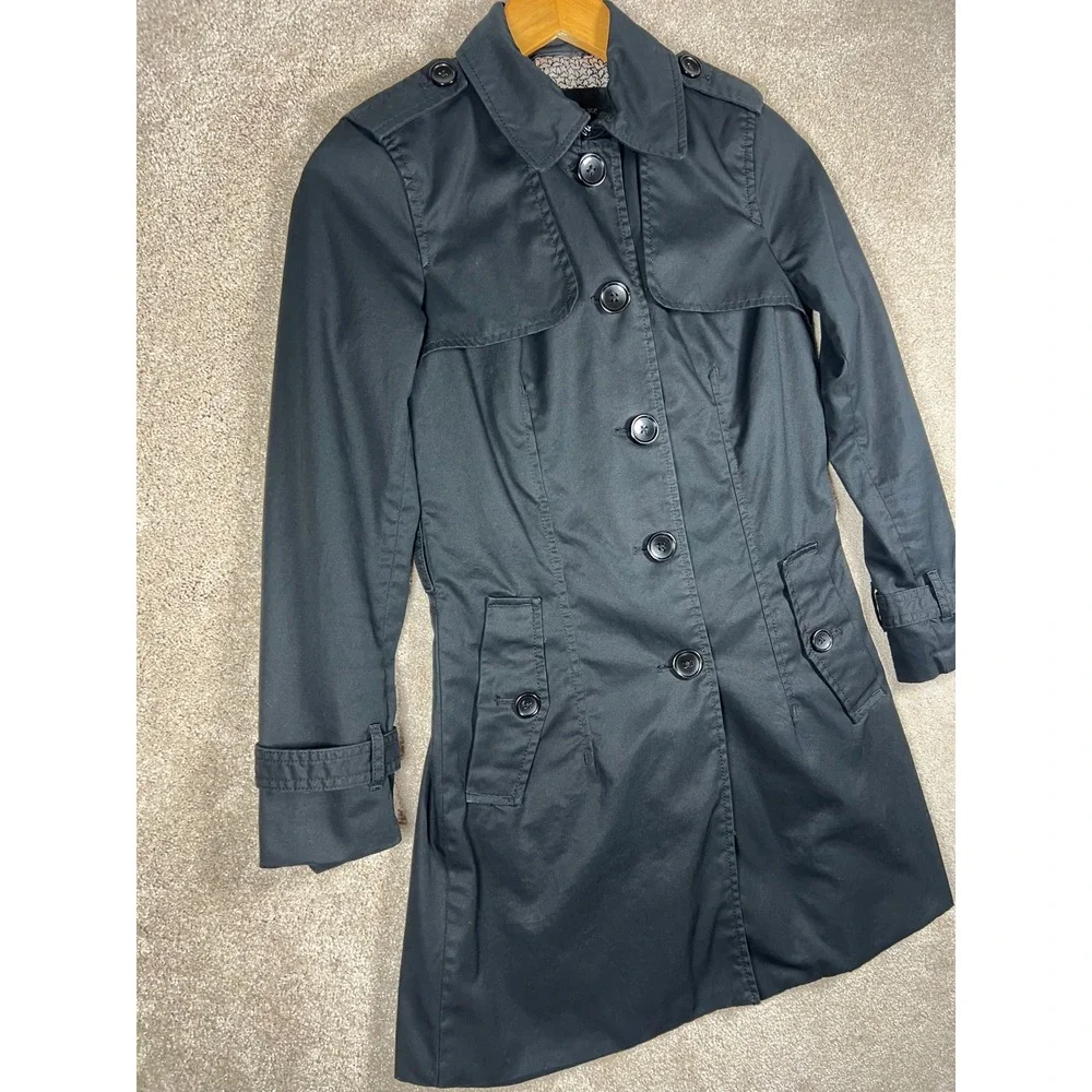 Banana Republic Black Trench Coat XS Petite‎ Preppy Classic Star Print Lining